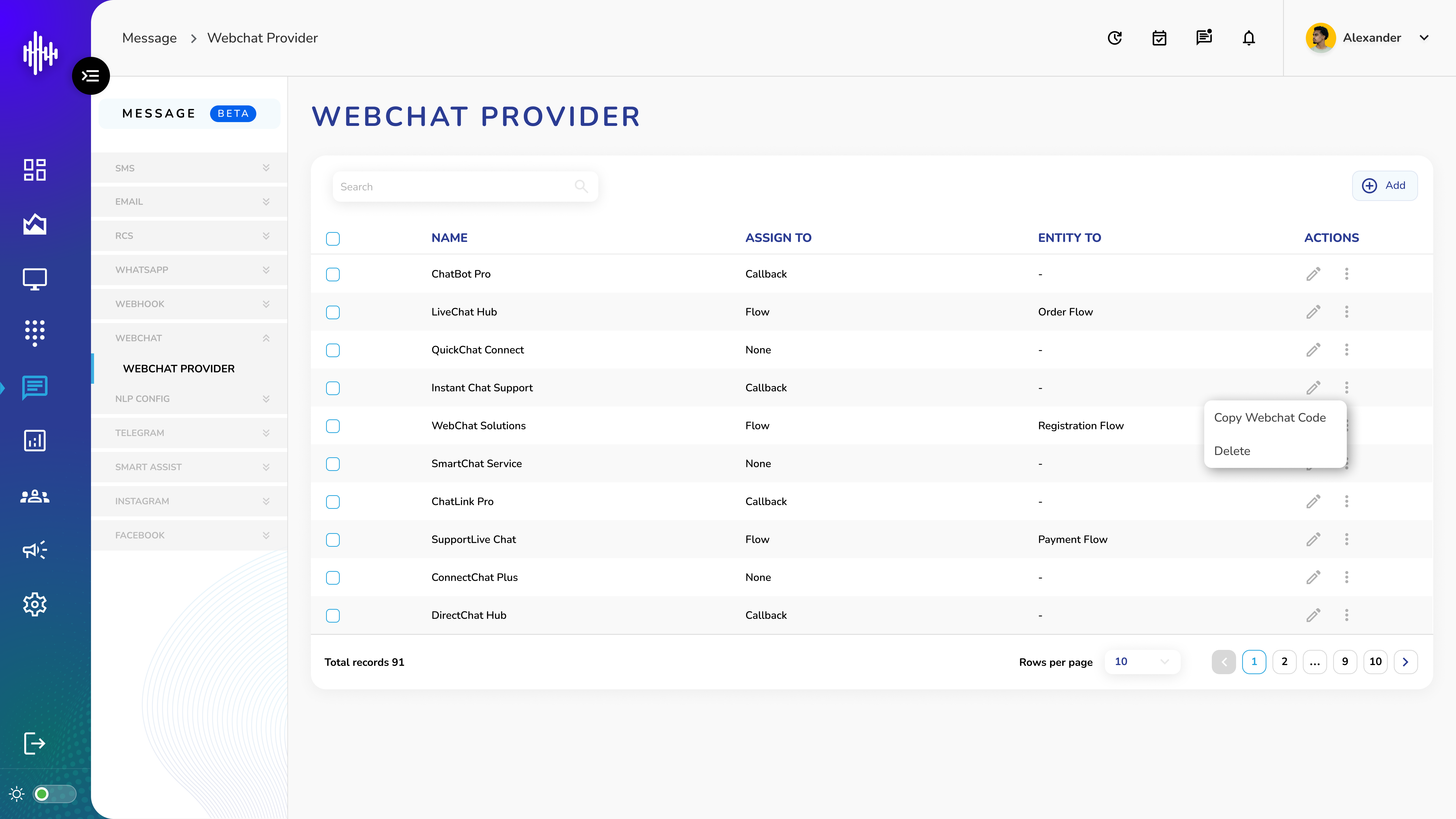 Webchat Provider - Listing Screen